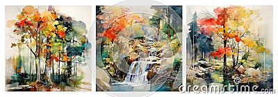 Set of three watercolor painting of forest and waterfall Stock Photo