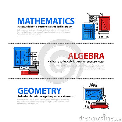 Set of three web banners about education and college subjects in flat illustration style. Mathematics, algebra and geometry. Vector Illustration