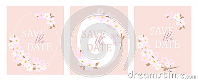 Set of three wedding cards with pink flowers on a pink background Vector Illustration