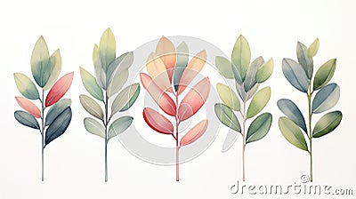 Set of Three Whimsical Watercolor Rubber Plant Leaves AI Generated Cartoon Illustration