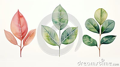 Set of Three Whimsical Watercolor Rubber Plant Leaves AI Generated Cartoon Illustration