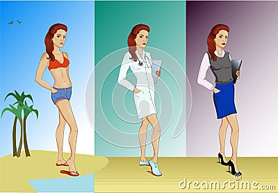 The set of three young women in different clothes Stock Photo