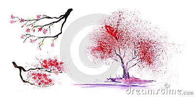 Set of thtree eelements. Abstract color-tree and branches with a magnificent crown. Hand-drawn watercolor illustration Cartoon Illustration