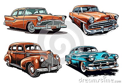 A retro car in the style of the late 50s cliparts on white background, Generative Ai Stock Photo