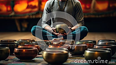 Set of tibetan singing bowls for yoga, meditation, sound massage and healing Stock Photo