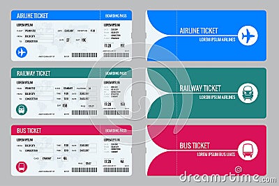 Set of tickets airplane, bus and train. Travel around the world and countries. Recreation and entertainment. Business Vector Illustration