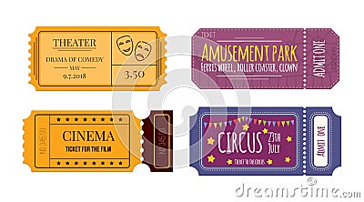 Set tickets and coupons in theater, cinema, circus, amusement park Vector Illustration