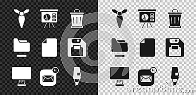 Set Tie, Board with graph, Trash can, Computer monitor, Envelope, Marker pen, Document folder and File document icon Vector Illustration