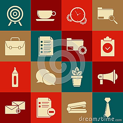 Set Tie, Megaphone, Completed task, Time Management, File document, Briefcase, Target and Folder settings with gears Vector Illustration