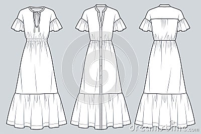 Set of Tiered Dress technical fashion illustration. Flounce Sleeve Dress fashion flat technical drawing template Vector Illustration