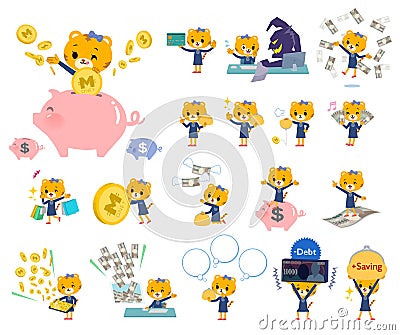 A set of Tiger girl with concerning money and economy Vector Illustration