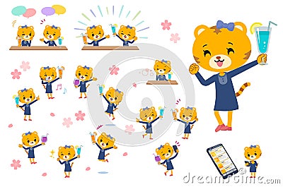 A set of Tiger girl on a drink party Vector Illustration
