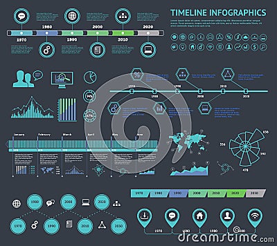 Set of timeline Infographic with diagrams and text. Vector Concept Illustration for business presentation, booklet, web site etc. Vector Illustration