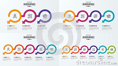 Set of timeline infographic templates with circular arrows. Vector Illustration