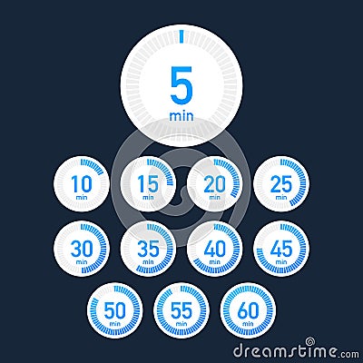 Set of timers. Sign icon. Full rotation arrow timer. Colored flat icons. Set of 12 timer icons. Flat Design Vector stock Vector Illustration