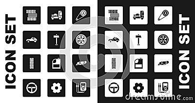 Set Timing belt kit, Hammer, Broken car, Car tire wheel, Alloy, transporter truck, headlight and icon. Vector Vector Illustration
