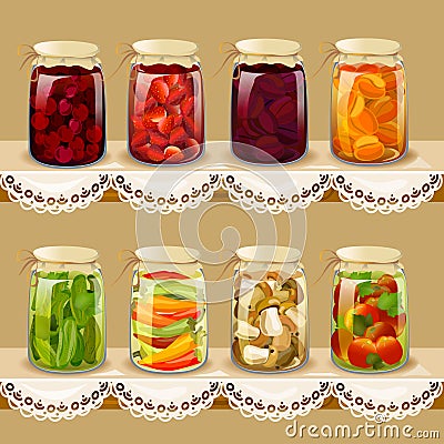 Set with tinned fruits, berries, vegetables on vintage shelf Vector Illustration