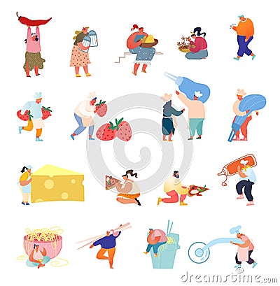 Set of Tiny Characters in Different Situations Sell Seasoning and Spices, Decorating Pastry and Cakes with Cream Vector Illustration