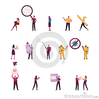 Set of Tiny Male and Female Characters with Huge Magnifying Glass, Pencil and Aerosol, People with Sanitizers Vector Illustration