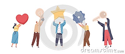 Set of tiny people holding big heart, light bulb, star, gear and key. Men and women standing with different huge items Vector Illustration