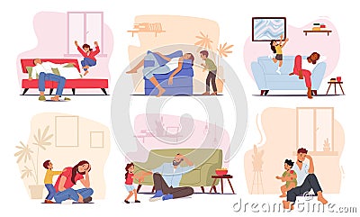 Set of Tired Parents with Hyperactive Children at Home, Fatigue Dad and Mom Characters Sleep while Kids Playing Vector Illustration