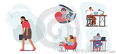 Set of Tired People, Drowsy Workers in Office, Sleepy Driver in Car, Student with Books. Overworked Characters Vector Illustration