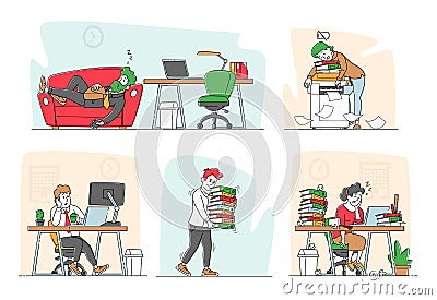 Set of Tired Workers in Office. Overworked Business Characters Sleep on Workplace Desk. Laziness, Emotional Burnout Vector Illustration