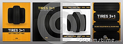 Set of Tires car advertisement posters. Black rubber tire on the background with wheel tire tracks. Vector Illustration