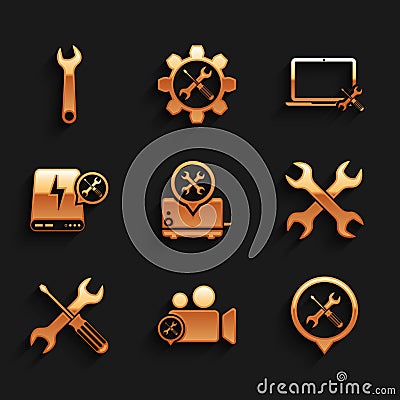 Set Toaster service, Video camera, Location, Crossed wrenchs, screwdriver and, Power bank, Laptop and Wrench icon Vector Illustration