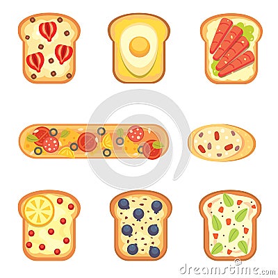 Set toasts and sandwich breakfast. Bread toast with jam, egg, cheese, blueberry, peanut butter, salami, fish. Flat Vector Illustration