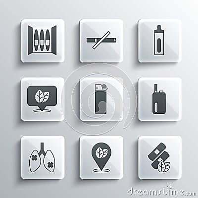 Set Tobacco leaf, Medical nicotine patches, Electronic cigarette, Lighter, Disease lungs, Cigar and icon. Vector Vector Illustration