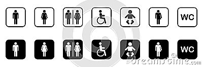 Set of Toilet Silhouette Icon. Collection of Symbols Restroom. Mother and Baby Room. Sign of Washroom for Male, Female Vector Illustration