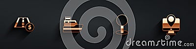 Set Toll road traffic sign, Ship line path, Push pin and Monitor with location marker icon with long shadow. Vector Vector Illustration