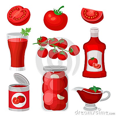 Flat vector set of tomato food and drinks. Healthy juice, ketchup and sauce, canned products. Natural and tasty products Vector Illustration