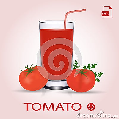 Set Of Tomato Juice And Fresh Ripe Tomatos. Vector Illustration