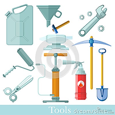 Set of tool and equipments flat icons on white. platen, scissors, anvil, canister, funnel, pickaxe, shovel, pump, wrench Vector Illustration