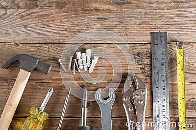 Set of Tool renovation on wood background. Stock Photo