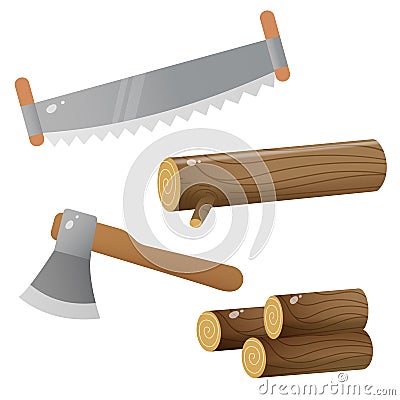 Set of tools. Color images of saw and axe with woodpile and log on white background. Vector illustration Vector Illustration