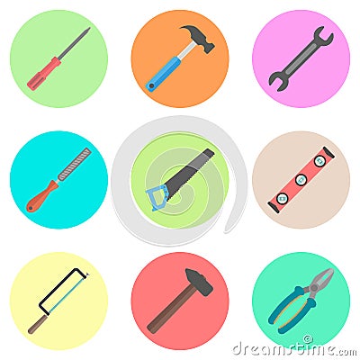 Set of tools in the colored circles Vector Illustration