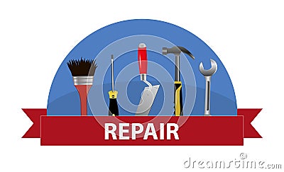 A set of tools. Concept logo for service repair. Trowel, hammer, wrench, screwdriver and brush. Vector Vector Illustration