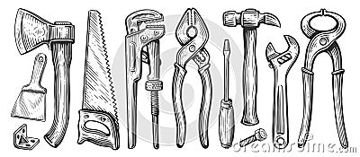 Set of tools for construction or repair work. Clamping pliers, hammer, screwdriver, hacksaw, wrench, plumbing key Vector Illustration