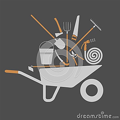 Set of tools for farmers farming. Tool in a wheelbarrow Vector Illustration