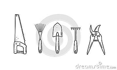 A set of tools for the garden. Vector illustration of a shovel, hoe, rake, hand saw and pruner. Vector Illustration