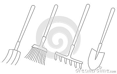 A set of tools for the garden and vegetable garden: shovel, rake, pitchfork, broom. Stock Photo