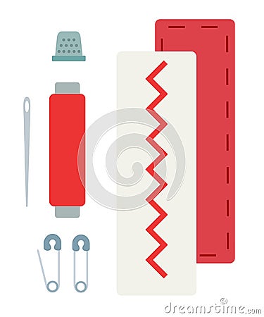 A set of tools for hand sewing and types of stitches on the fabric vector icon flat isolated. Vector Illustration