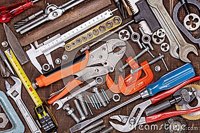 Set of tools. Home tool kit. Everyday instruments. Work stuff. Mend and repair. Stock Photo