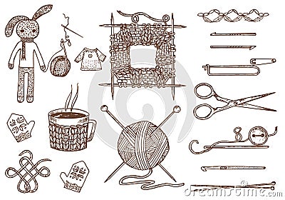 Set tools for knitting or crochet and materials or elements for needlework. club sewing. handmade for DIY. tailor shop Vector Illustration