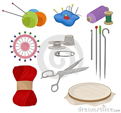 Flatvector set of tools and materials for sewing and knitting. Tailoring equipment. Needlework accessories Vector Illustration