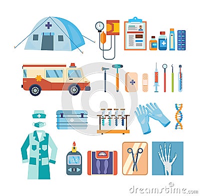 Set of tools for medical research, treatment, work in institution. Vector Illustration