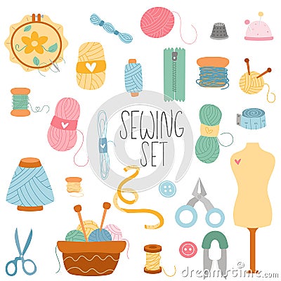 Set of tools for sewing, needlework, knitting. Kit set with scissors Vector Illustration